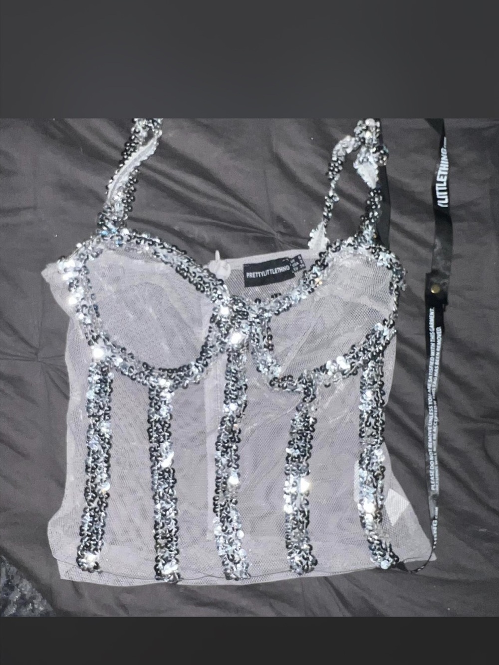 PrettyLittleThing Silver Sequin Mesh Corset Tank Top
